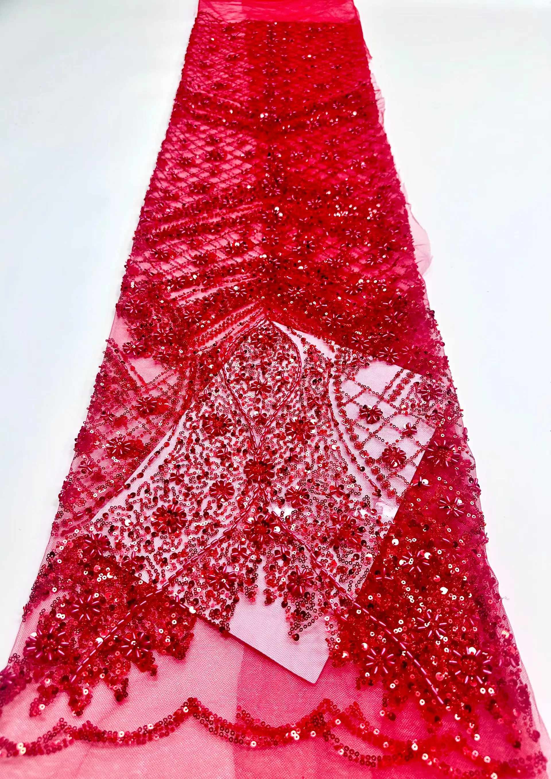 

Latest Red Handmade Beads Sequins African French Lace Fabric 2026 High Quality Beaded Lace Fabric For Women Party Dress KHD26109