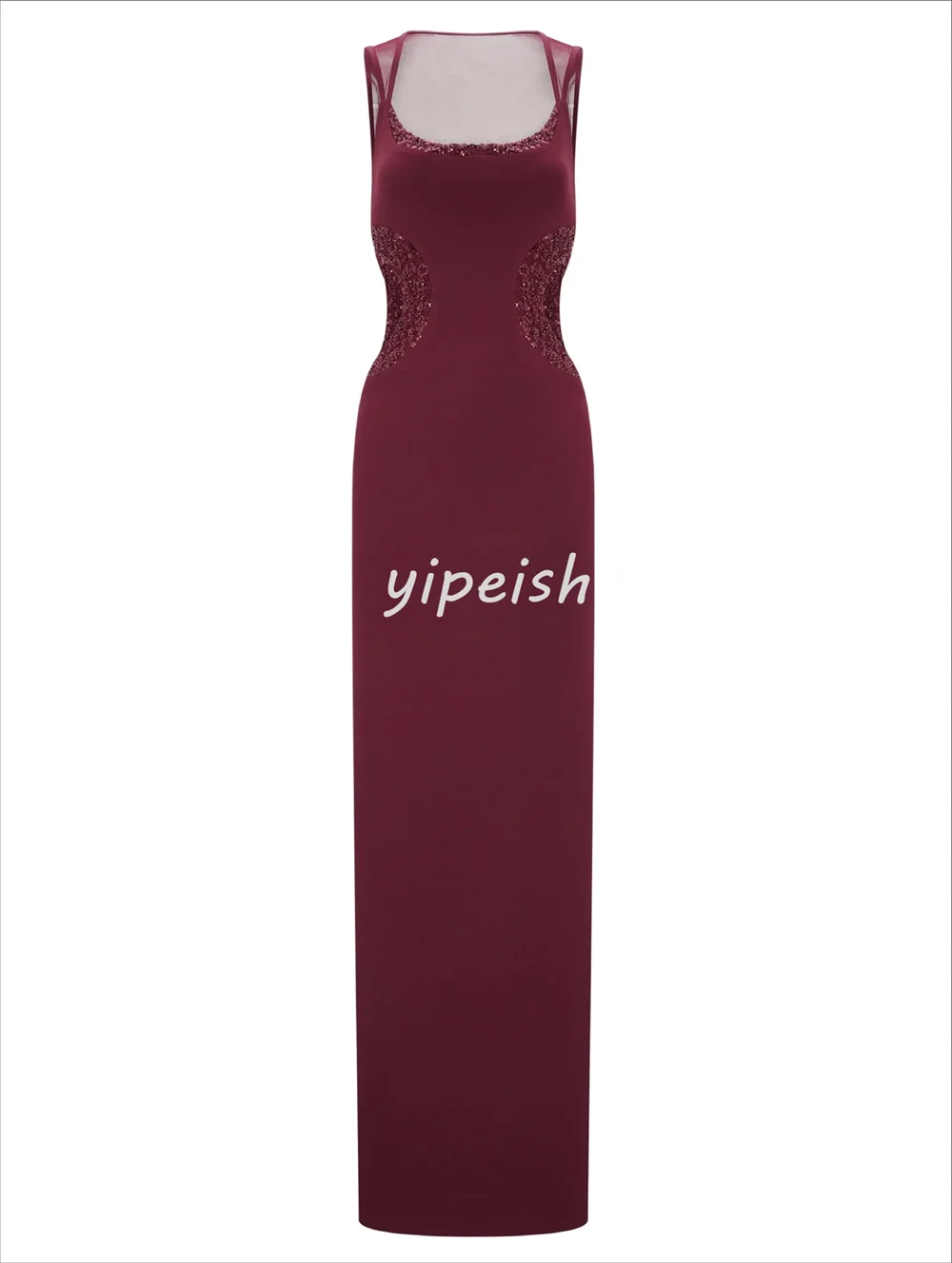 Op maat gemaakte bijpassende sexy jersey plooi kralen lovertjes rechte ronde hals lange jurken op maat gemaakte gelegenheidsjurken klassiek retro