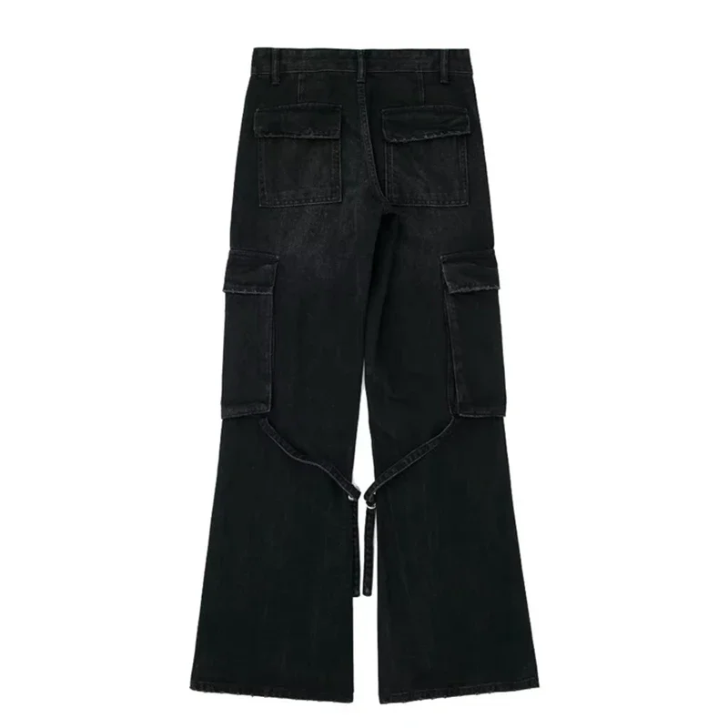 Winter Black New Vintage Cargo Jeans Fashion Pocket High Waist Straight Mopping Pants High Street Baggy Wide Leg Denim Trouser