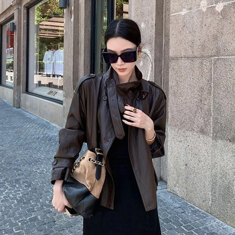 미국 빈티지 PU 가죽 재킷 여성 텍스처드 루즈 캐주얼 크롭 코트 프리미엄 봄 가을 스탠드 칼라 스트리트 아우터웨어