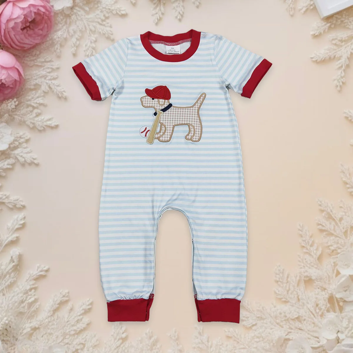 

Newborn Kids Baby Boy Bubble Romper Embroidery Dog Baseballs Infant Bodysuit Stripe Toddler Jumpsuit Children Clothing Wholesale