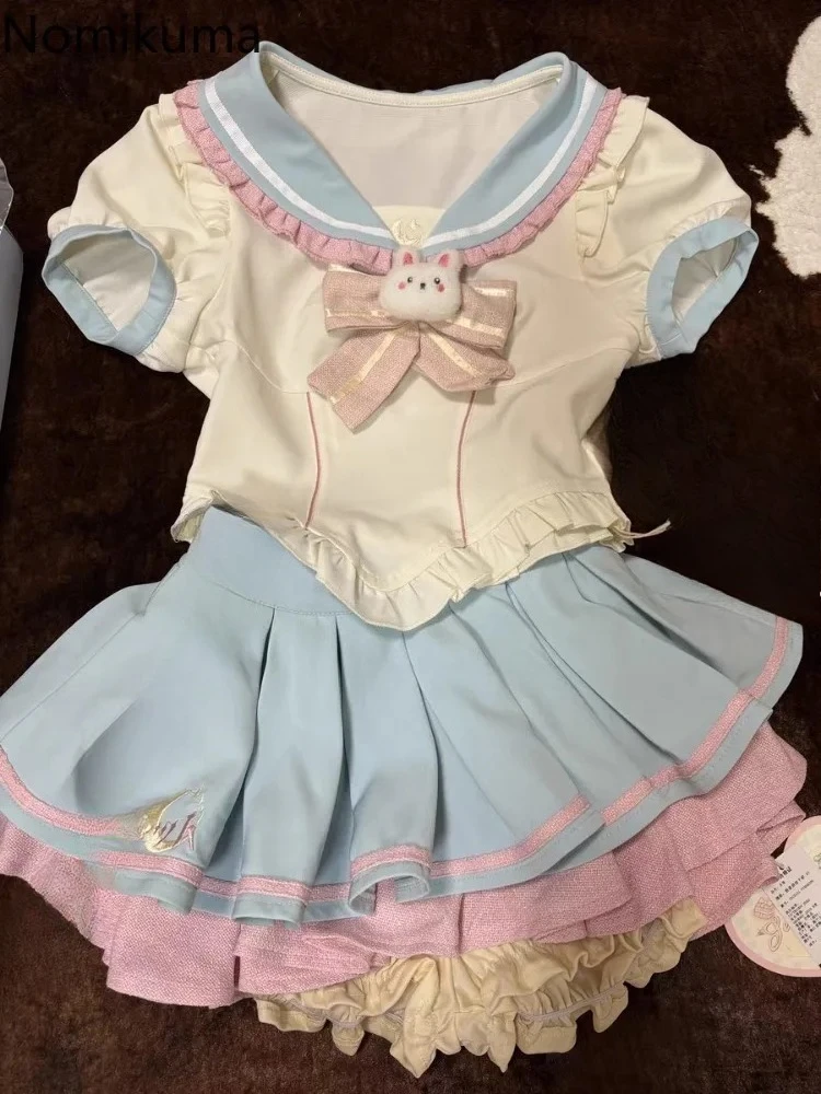 女性のためのプレッピースタイルのツーピースセット,y2k服,セーラーカラー,半袖トップス,ミニプリーツスカート,シックなスーツ,甘い衣装,夏