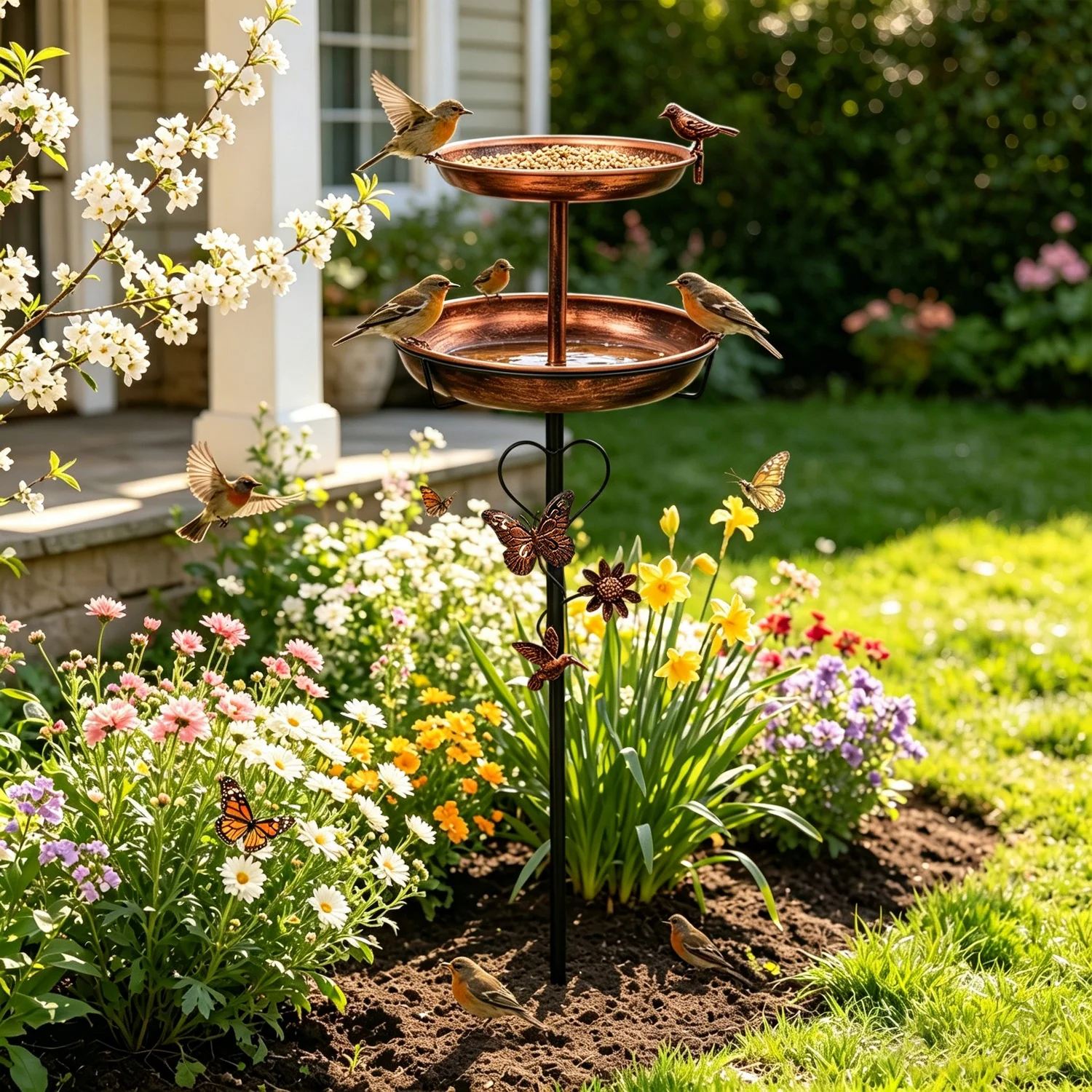 Bird Bath For Outside 118cm 2-tier Metal Birdbath Feeder Bowls For Garden Patio Yard Lawn Decor 5-pronged Base JJ2488RT