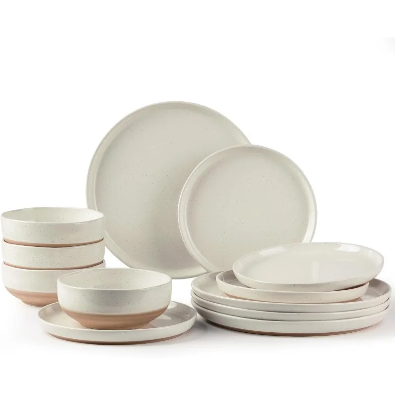 Ceramic Dinnerware Sets for 4, 12 Pieces Handpainted Plates and Bowls Set with Rustic Terracotta Underside, Scratch Resistant