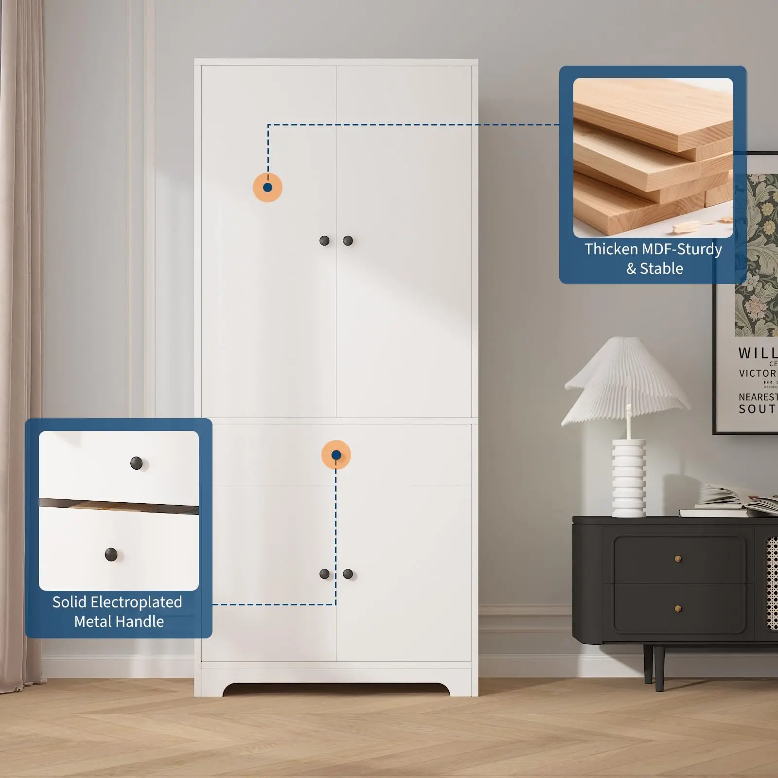 71 Inch Armoire Wardrobe Closet With 4 Doors, Drawer, Adjustable Shelves & Hanging Rod, Wooden Clothing Storage Cabinet For Bedroom image 4