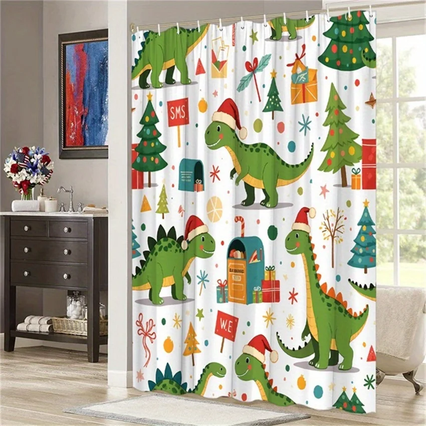 

1 шт. Рождественская занавеска для душа с динозавром — шапки Санта-Клауса, подарки, деревья и снежинки, зеленые динозавры, 70,8x70,8 дюйма, моющийся полиэстер
