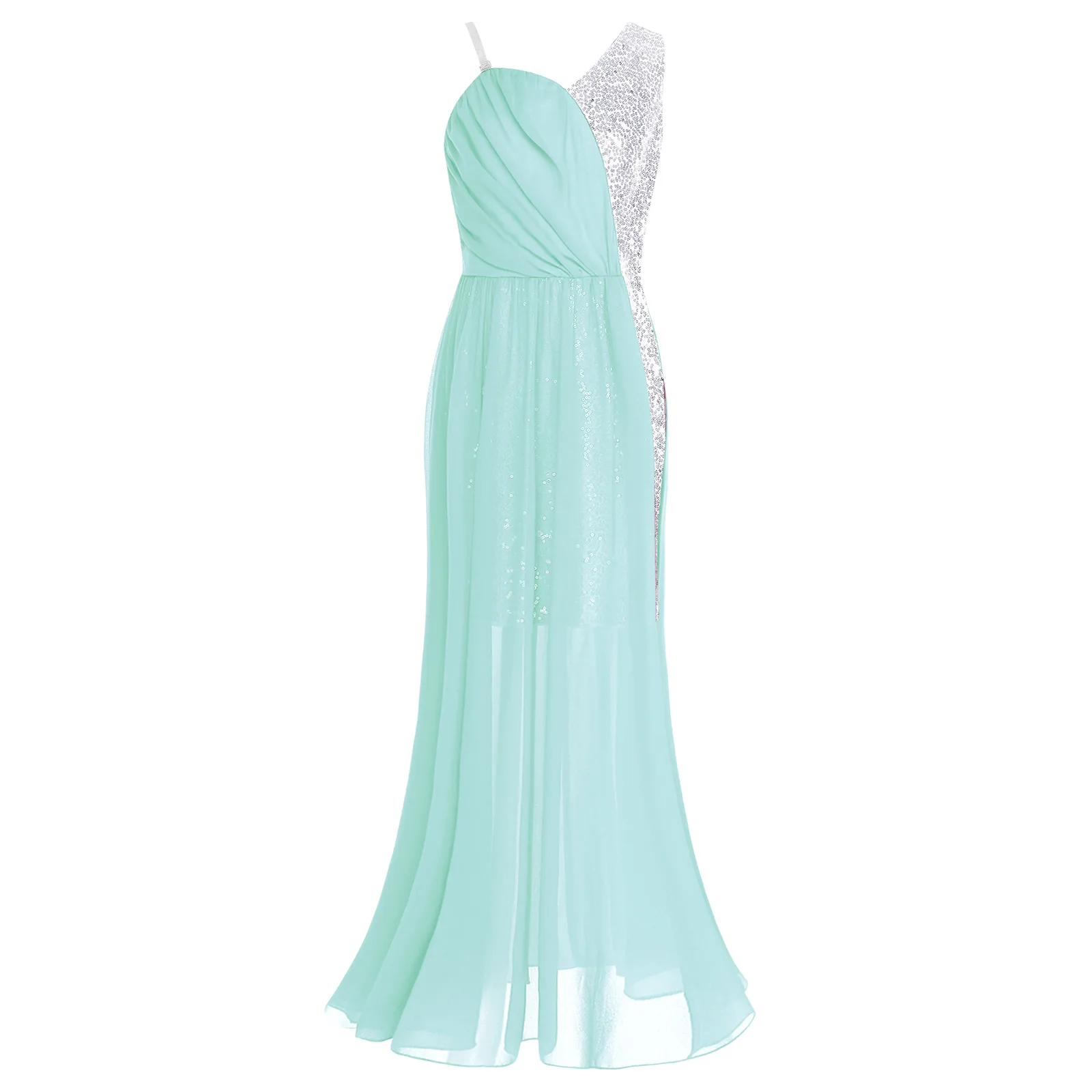

Girls Glitter Sequin Party Dress One Shoulder Sleeveless High Waist Full Length Color Block Dress for Pageant Wedding Banquet