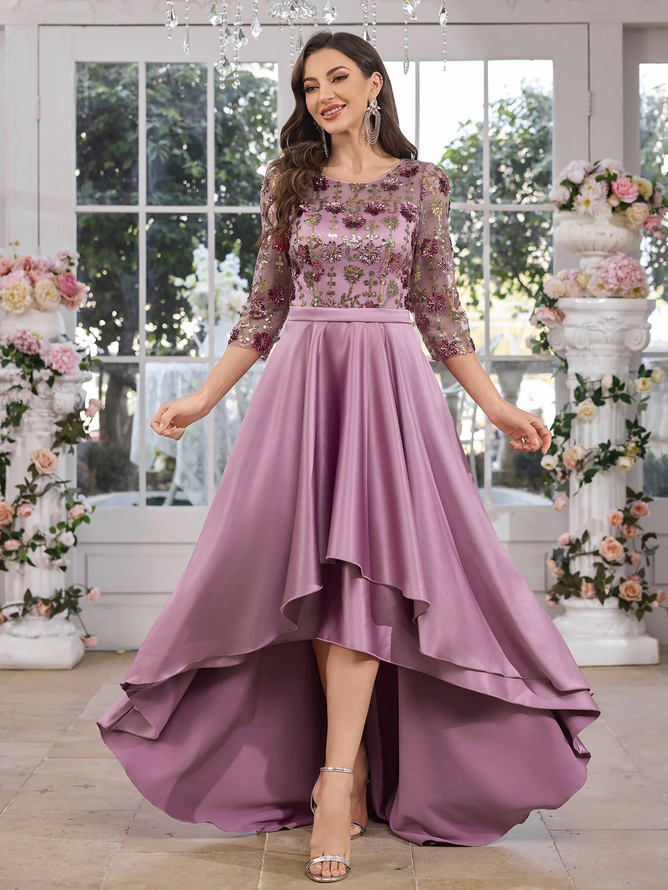 UNITHORSE Sequin Splice Satin Dress with Chest Embroidery for Women Evening Ball Gown Elegant Floor-Length Formal Skirt