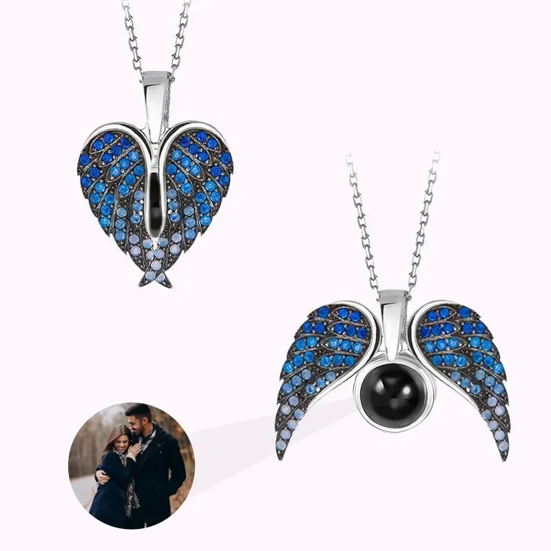 DHQH Customized Photo Projection Necklace Angel Wing Zircon Can Open Personalized Wing Stainless Steel Necklace Projection Gift