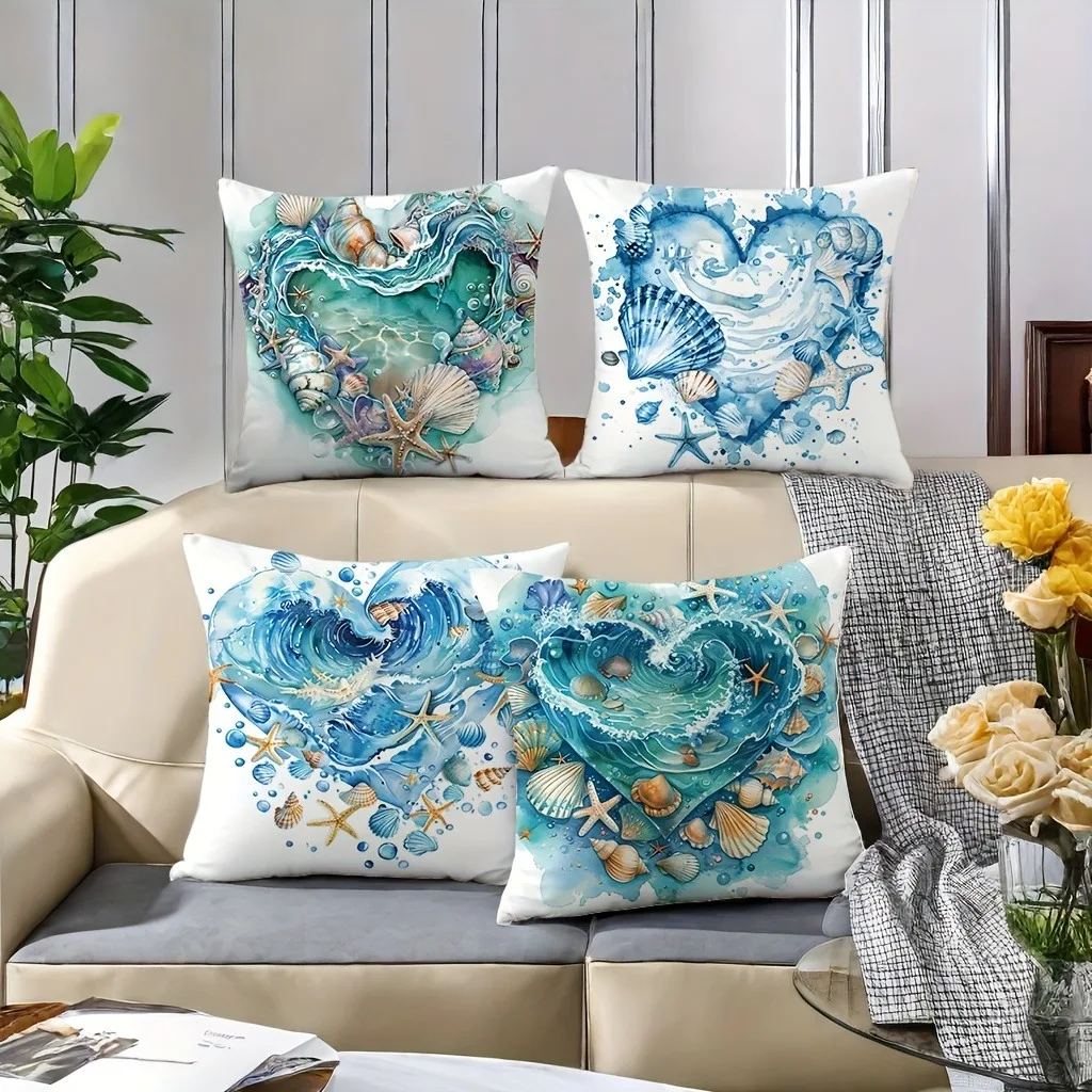 Ocean - Inspired Heart Pillow Cover: Waves, Shells and Nautical Charms, Sofa Chair Cushion Cover, Bedroom Room Decor