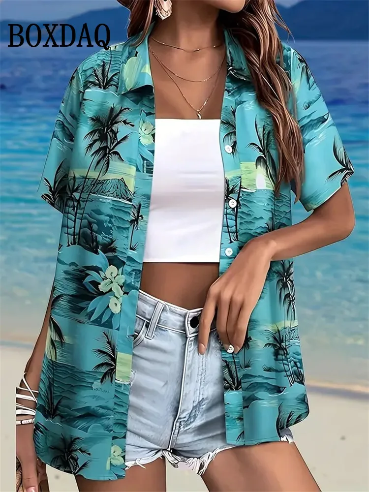 Blusa hawaiana de moda de verano para mujer, estampado de árbol de coco, solapa de manga corta, camisa informal con botones, Tops, camisa hawaiana de playa para mujer