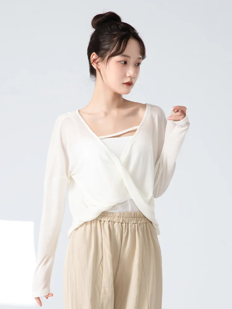 Top de balé de manga comprida com bainha dividida solta de cor sólida – camisa de treinamento de palco respirável para dançarinos e artistas