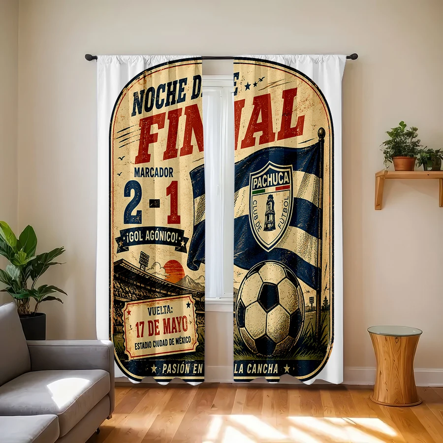 2 Stück Vorhänge, Vintage-Poster im Distressed-Stil mit Pachuca-Fußball-Finale-Motiv, mit 2-1 Spielergebnis, Vereinsflagge, Fußball