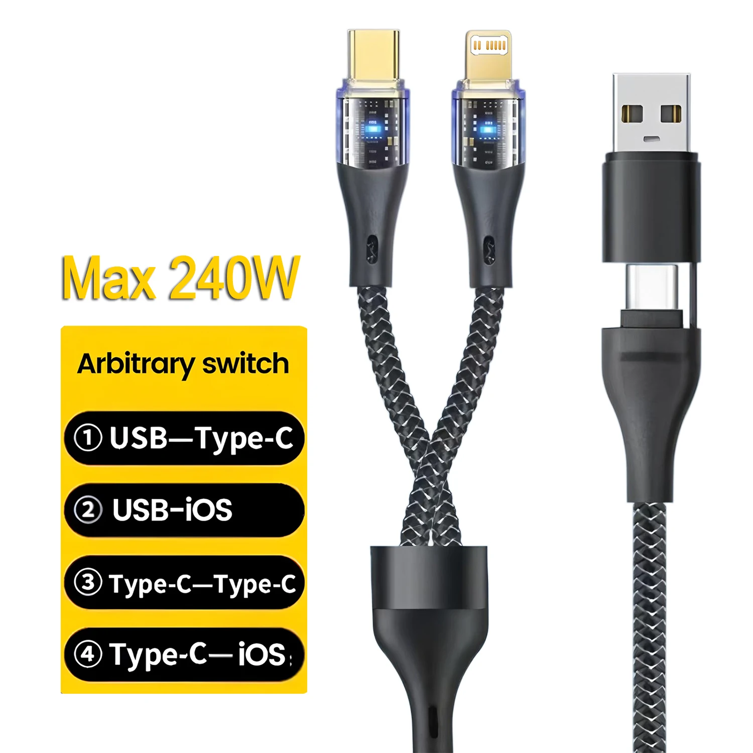 240W 4 In 1 Fast Charging Data Cable Dual Type-C  USB Ports Phone Charging Cable For iPhone Samsung Huawei Xiaomi