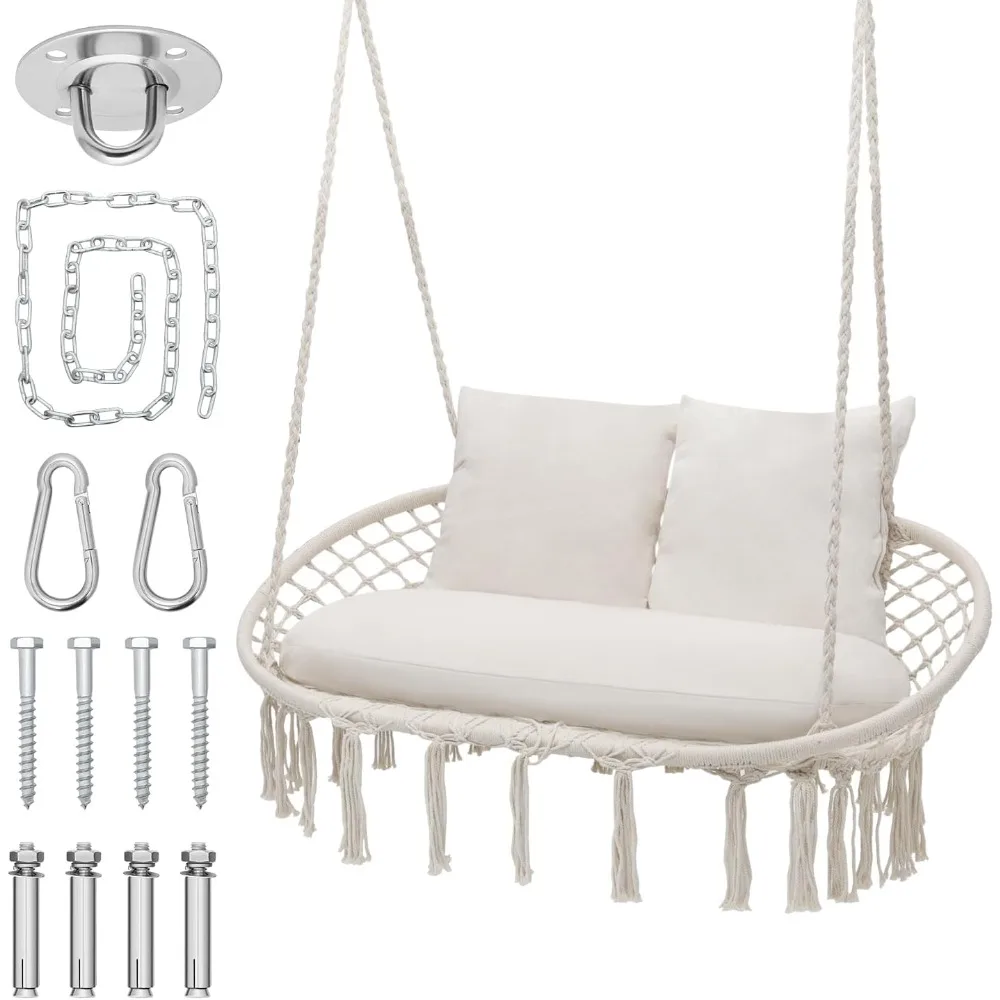 Double Swing Chair with 3 Cushions for Outside, Large Hanging Macrame Swing Chair for Indoor/Outdoor Relax, Adult Hammock