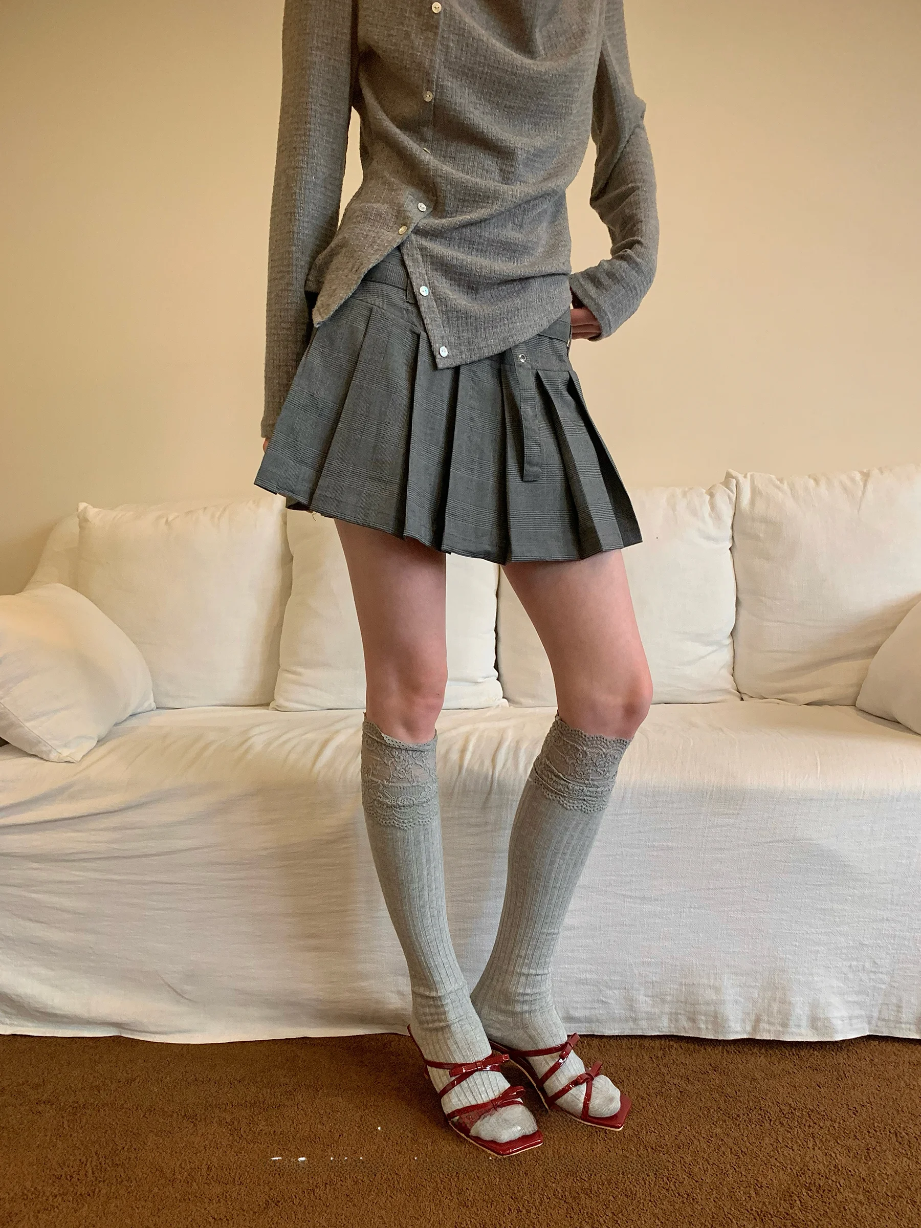 

JDE College Sle ort Plaid Pleated Skirt Women Spring Anti-Light Loose Slimming Skirts High Waist Polyester Fiber