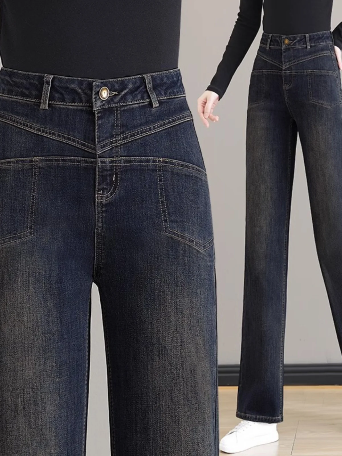 

High Waist Fce Lined Slim Fit Wide Leg Jeans Women's Straight Cut Denim Pants Spring Autumn New Arrival Cement ey