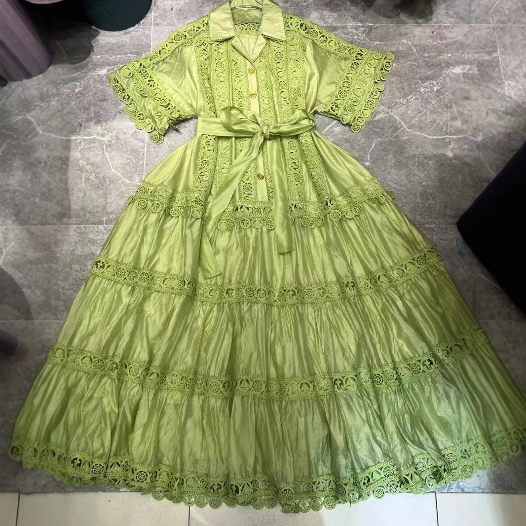 Luxury Hollow Out Long Dresses Women 2025 Summer Holiday Single Breasted Ruffle Lace Embroidery Loose Big Size Evening Vestidos