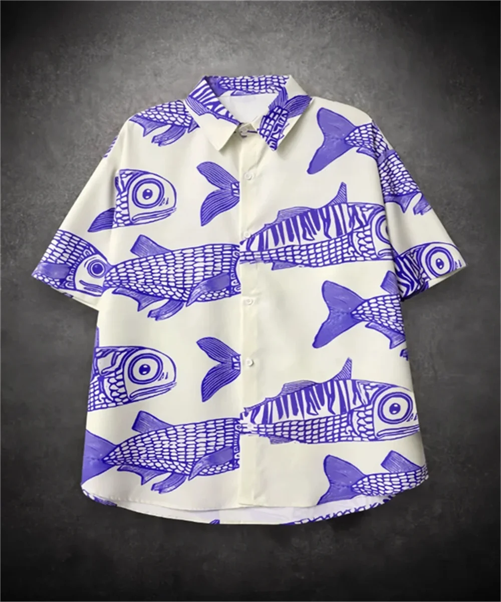 2025 new street style fashion fish 3D printing new personality men's summer casual shirt four-sided stretch short-sleeved shirt