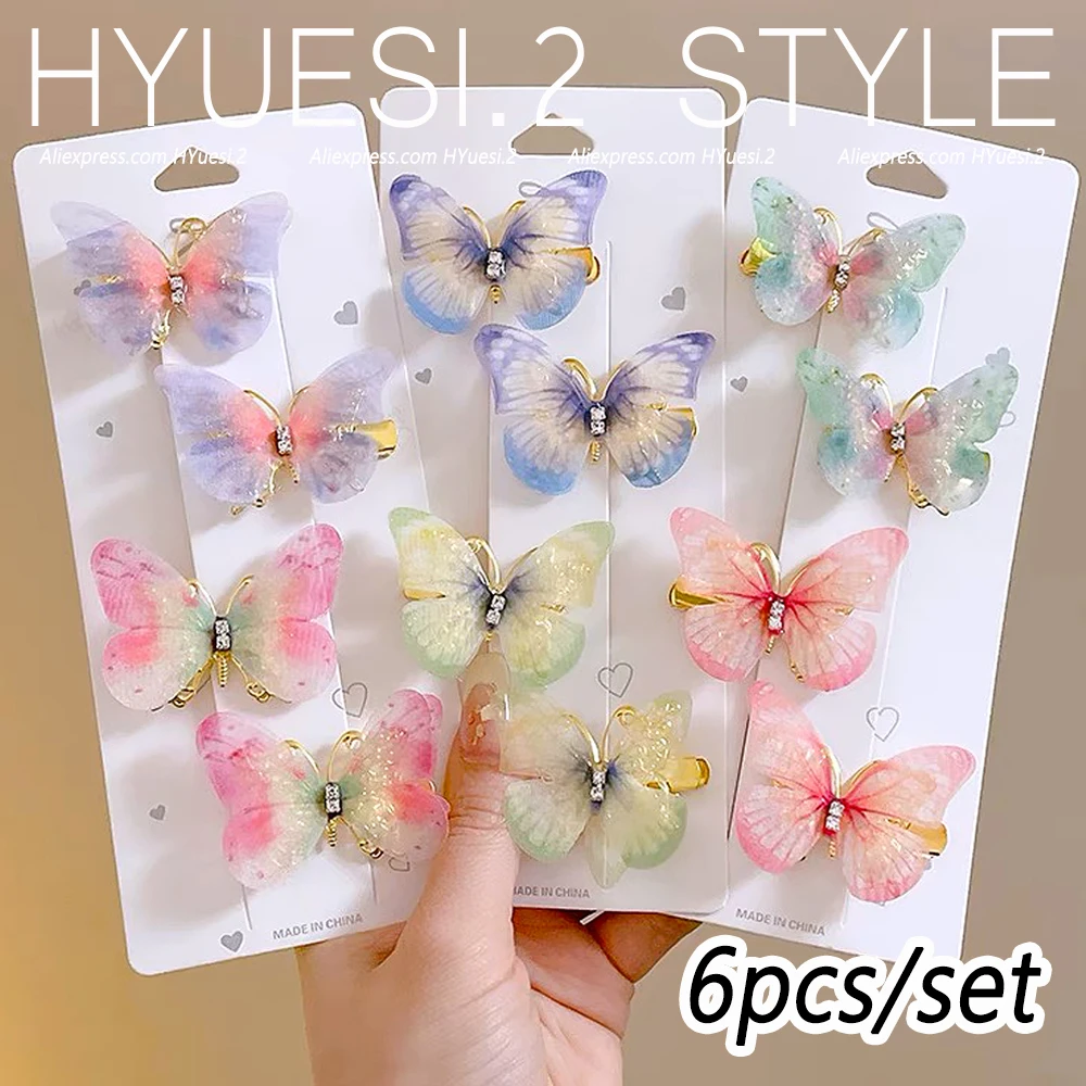 6 stks/set Mini Simulatie Vlinder Haarspeldjes Haarspeld Antislip Kleurrijke Gradiënt Kant Pony Eendenbek Clips Voor Baby Tiener Meisjes