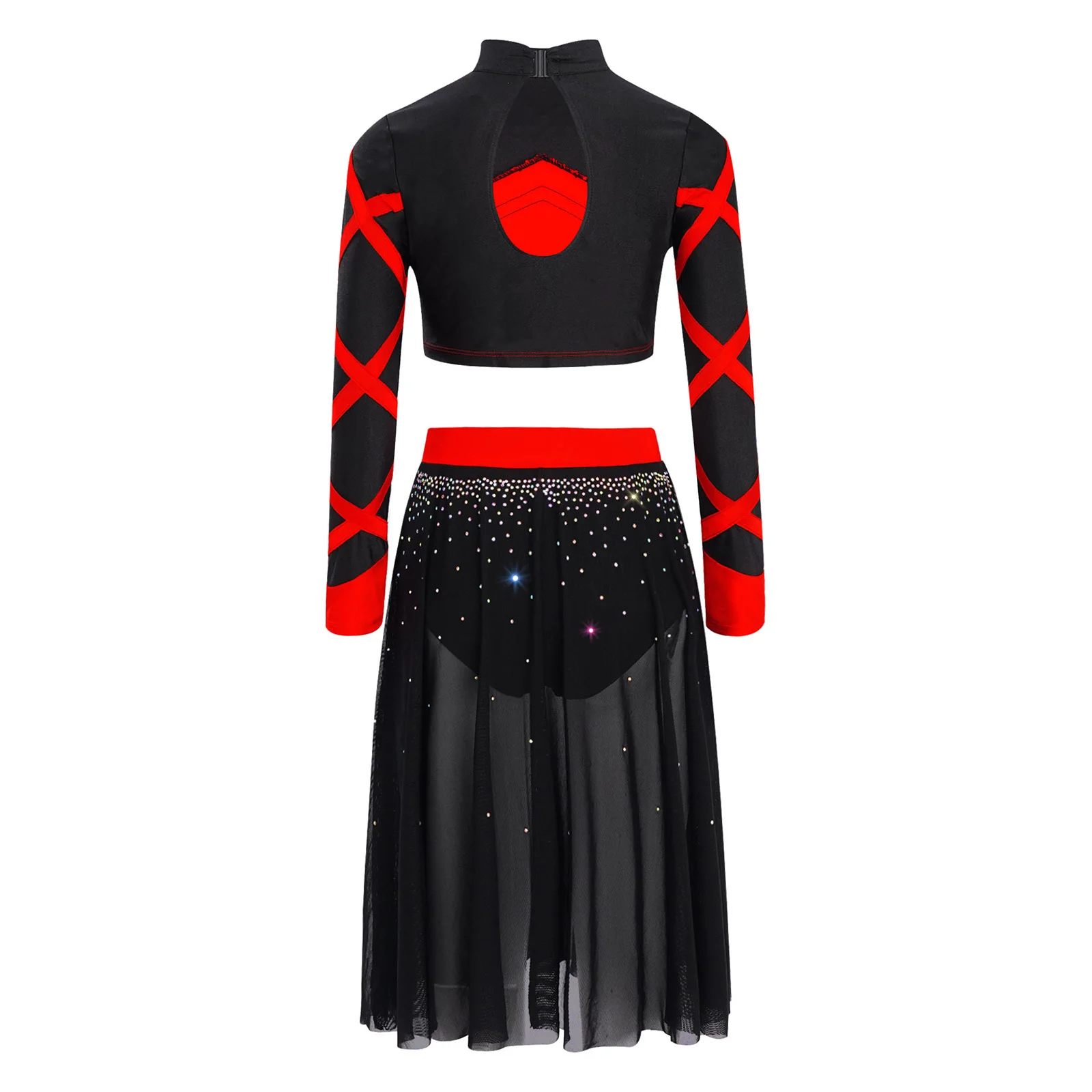 여자 리리컬 모던 댄스 의상 반짝이는 라인스톤 크롭 탑 사이드 슬릿 메쉬 스커트 체조 발레 피겨 스케이팅 의상