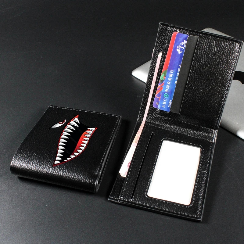 Men's Black Faux Leather Wallet with Shark Mouth Design Slim Credit Card Holder Coin Purse Multi-Color Pen Storage Perfect Gift