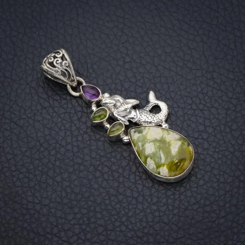 StarGems Natural Ocean Jasper&Mermaid,Amethyst And Peridot Handmade 925 Sterling Silver Pendant 2