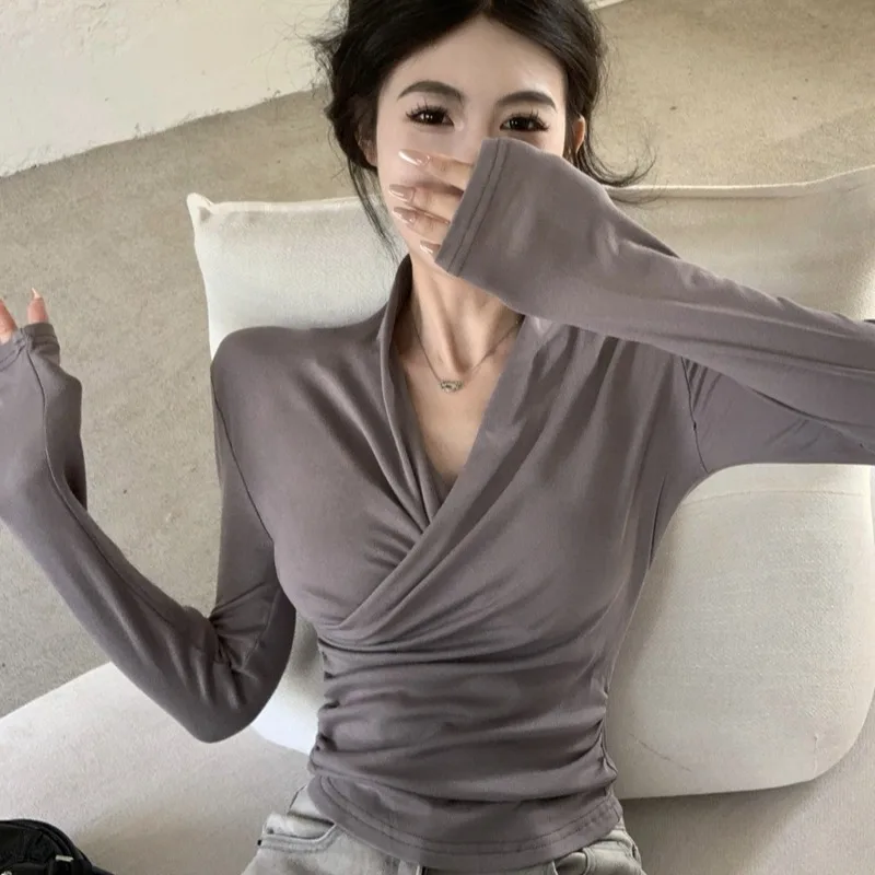 

Women's Long Sve Fce Lined V-ne Cross T-irt Slimming Base Layer irt Winter Faion Trend Bodycon Sle Top