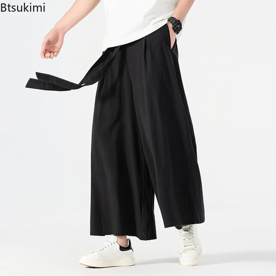 2025 Chinese Style Cotton Linen Pants Men's Japanese Kimono Casual Trousers Harajuku Streetwear Summer Retro Wide Leg Pants Male