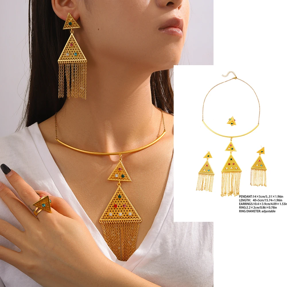 

New 3-piece Set Luxury stainless steel tassel pendant Necklace Earrings Ring Banquet Wedding Jewelry Set for Women Birthday Gift
