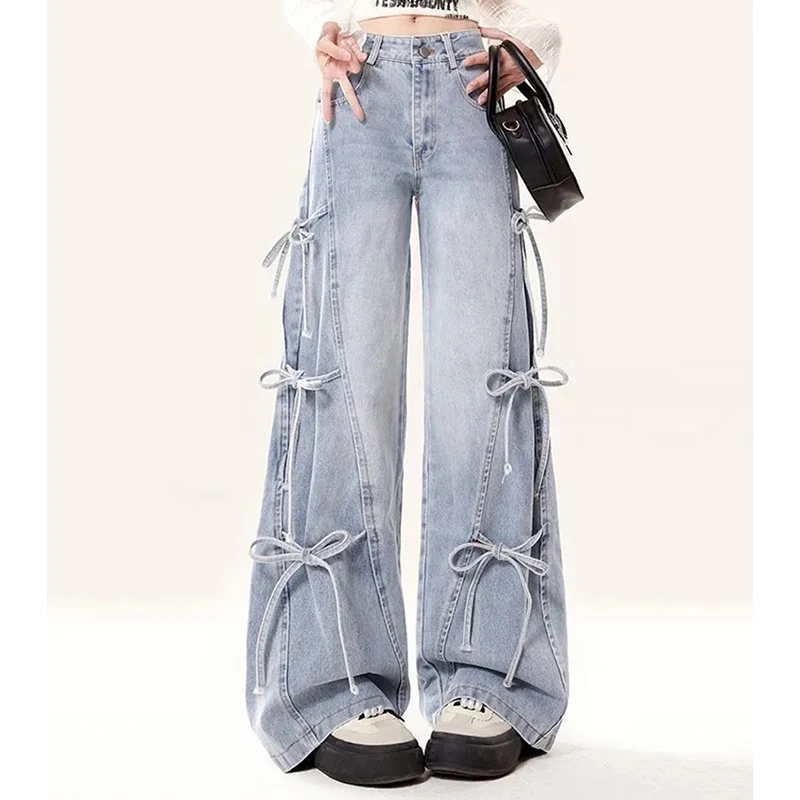 

Sweet Bow Tie Lace Up Jeans Women American Vintage Loose Lazy Wide Leg Pants Blue High Street Casual Harajuku Y2K Trousers