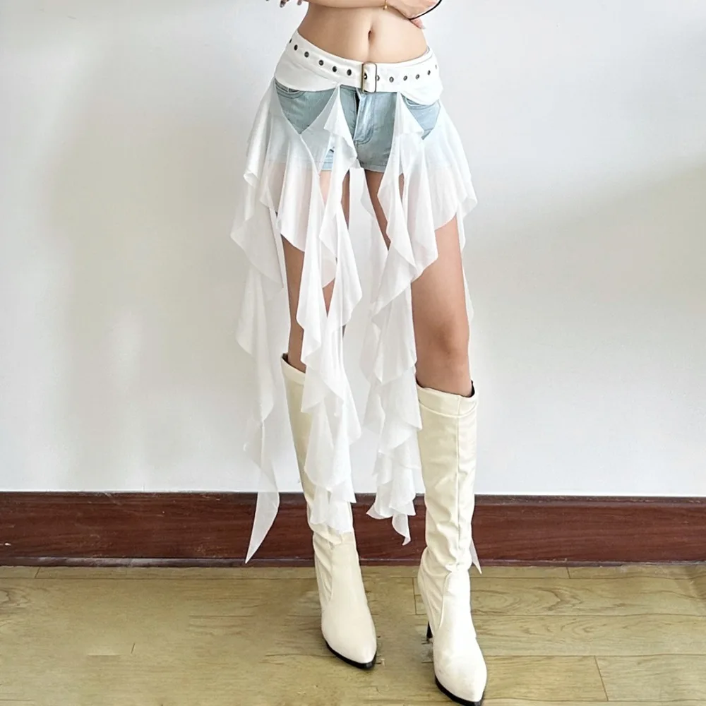 

Модные нерегулярные ремни с оборками для женщин, длинная кисточка, регулируемая пряжка, пояс Y2K, сексуальная мини-юбка, шорты, аксессуары