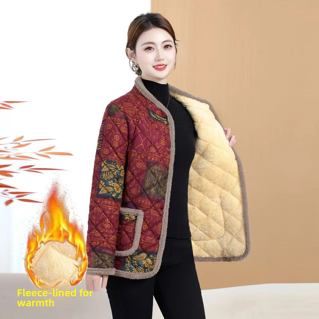 

Теплая хлопковая куртка с флисовой подкладкой и лоскутным узором для женщин среднего и старшего возраста, зимняя повседневная утепленная верхняя одежда