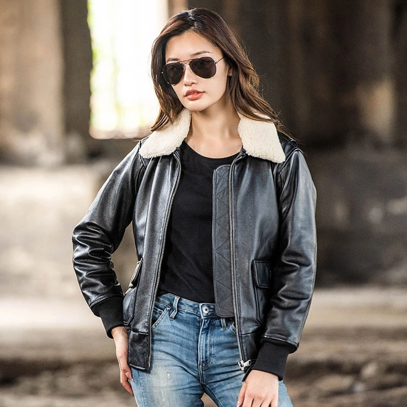 Chaqueta de cuero de piloto G1 para mujer, abrigos de estilo militar, piel de vaca Natural, talla grande 3XL, color marrón oscuro, otoño
