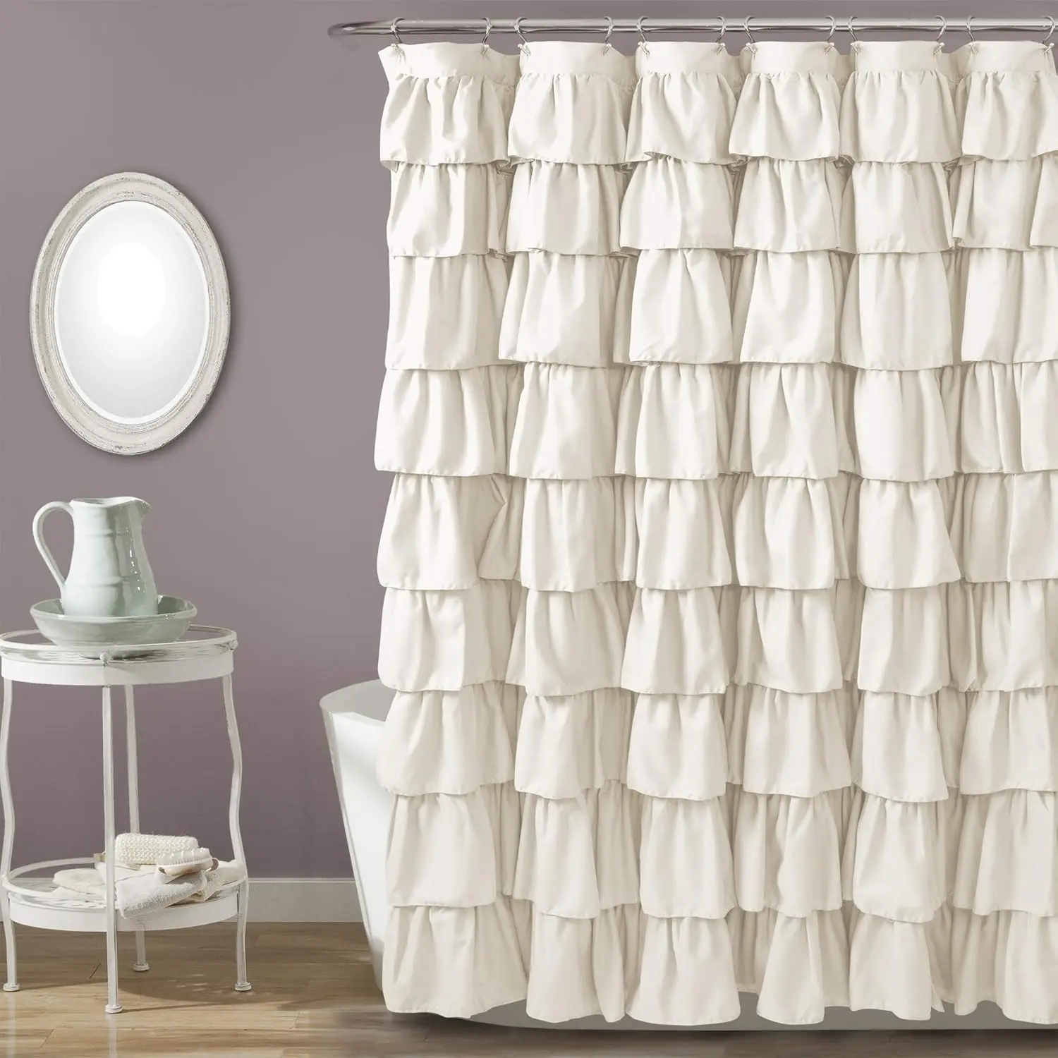 

Ruffle Shower Curtain with Floral Textured Vintage Chic Farmhouse Style Design, Ivory, 72" x 72"
