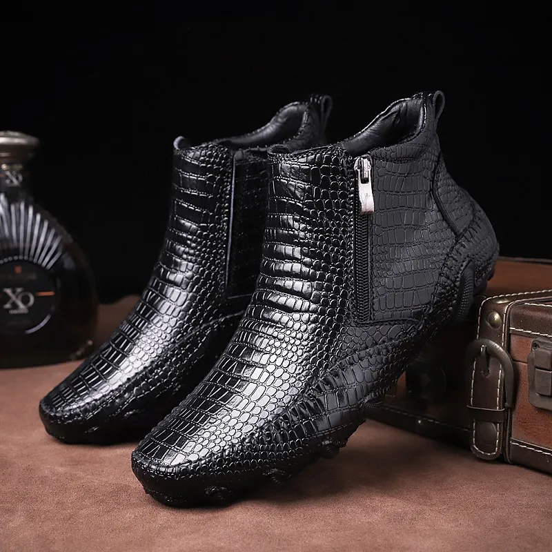 

Men Plus Size (38-47) Autumn Winter Warm Cotton Shoes with Octopus Flat Bottom Crocodile Pattern Anti Slip Driving Casual Boots