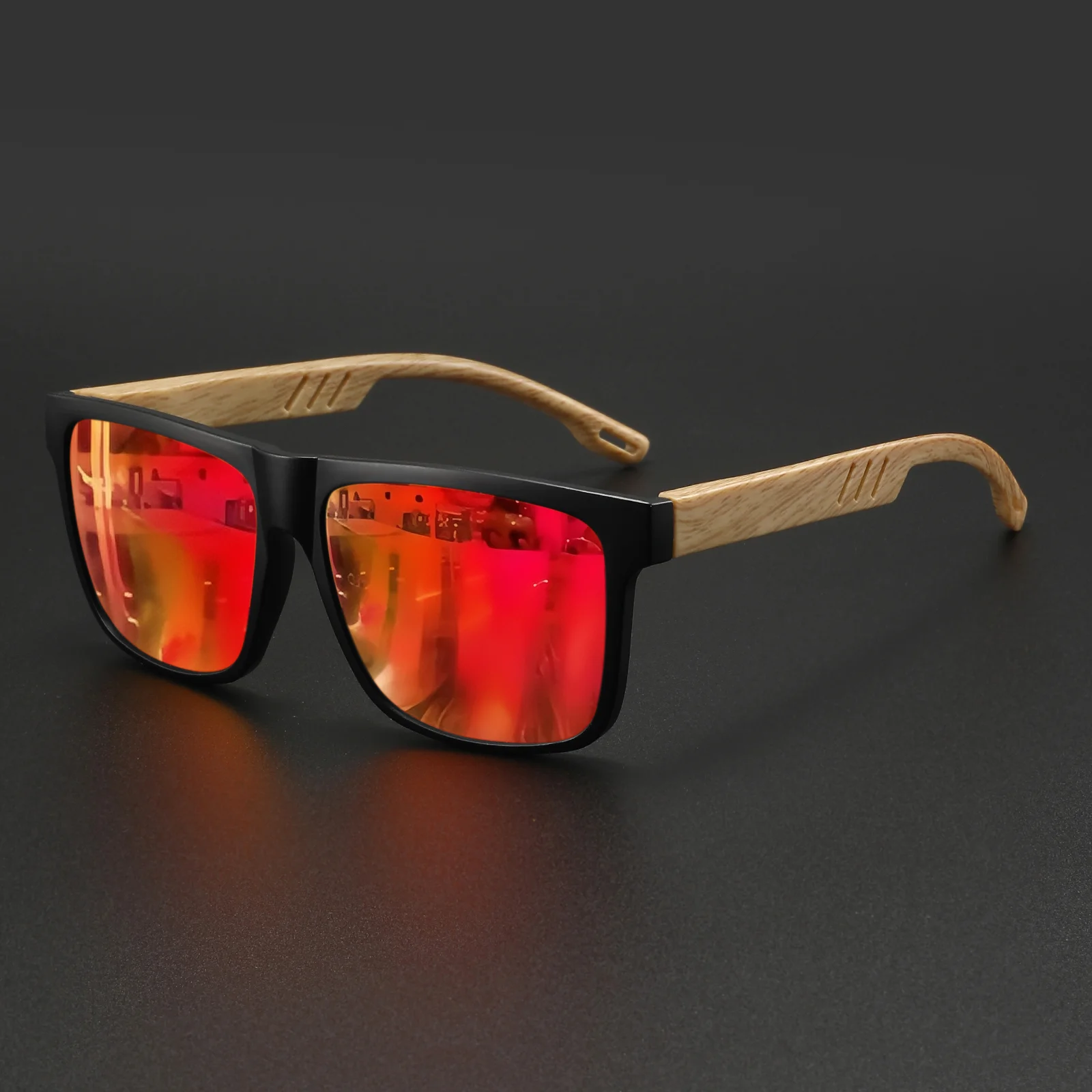 Nieuwe mode vierkante zonnebril - houtnerf veerscharnier, UV400 unisex voor autorijden, wandelen en reizen