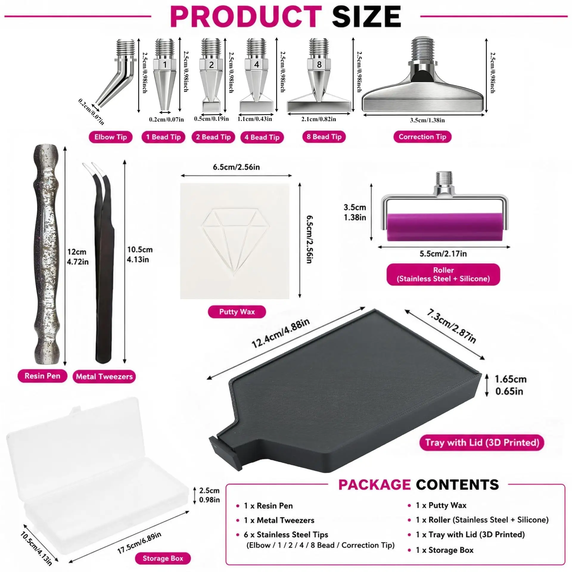 DIY Diamond Painting Pen Set, Includes Stainless Steel Bent Tips, Multi-Functional Dotting Pens with Thread Sizes 1, 2, 4, 8, Roller Tool, Diamond Painting Tray with Cover, Tweezers, Dotting Wax, and a Diamond Picker f