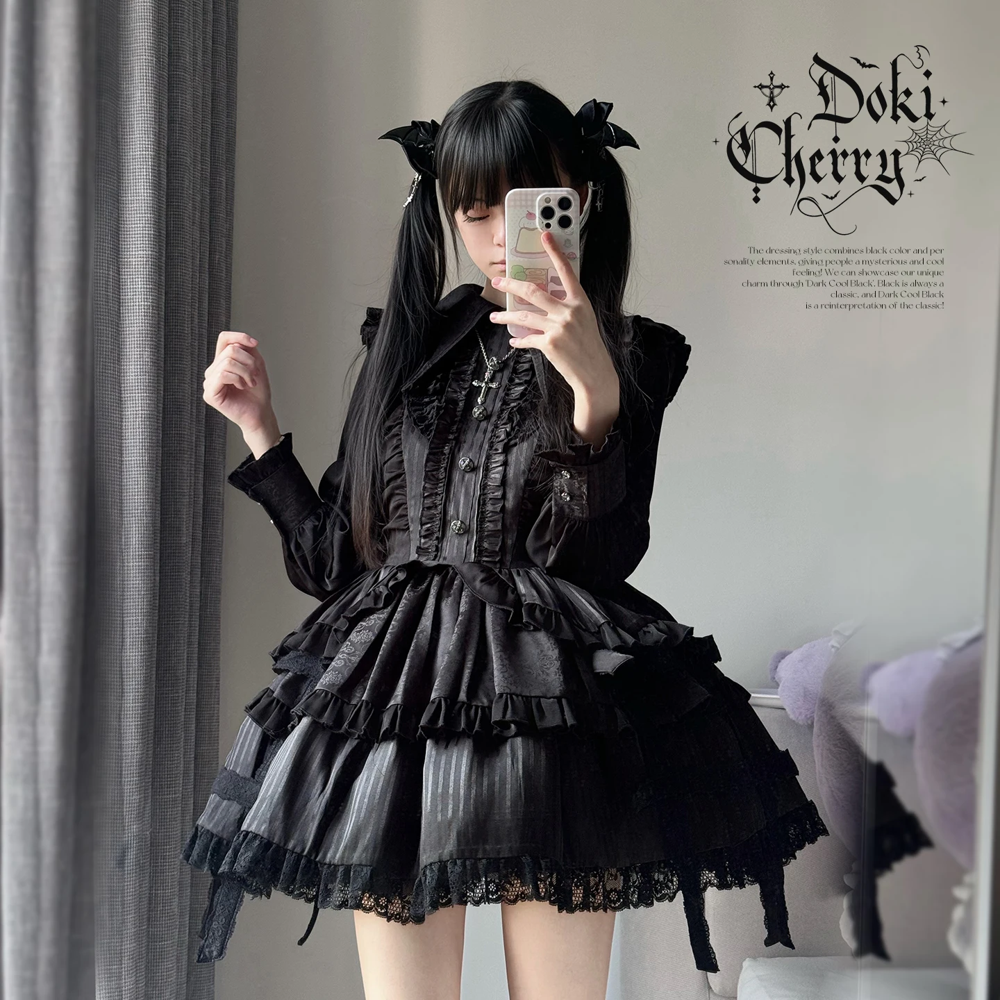 الأصلي ثقافة فرعية الأسود القوطية لوليتا فستان بكم طويل OP ربيع الخريف فتاة جديدة حلوة كول Batwing طوق الدانتيل كوس فستان #4