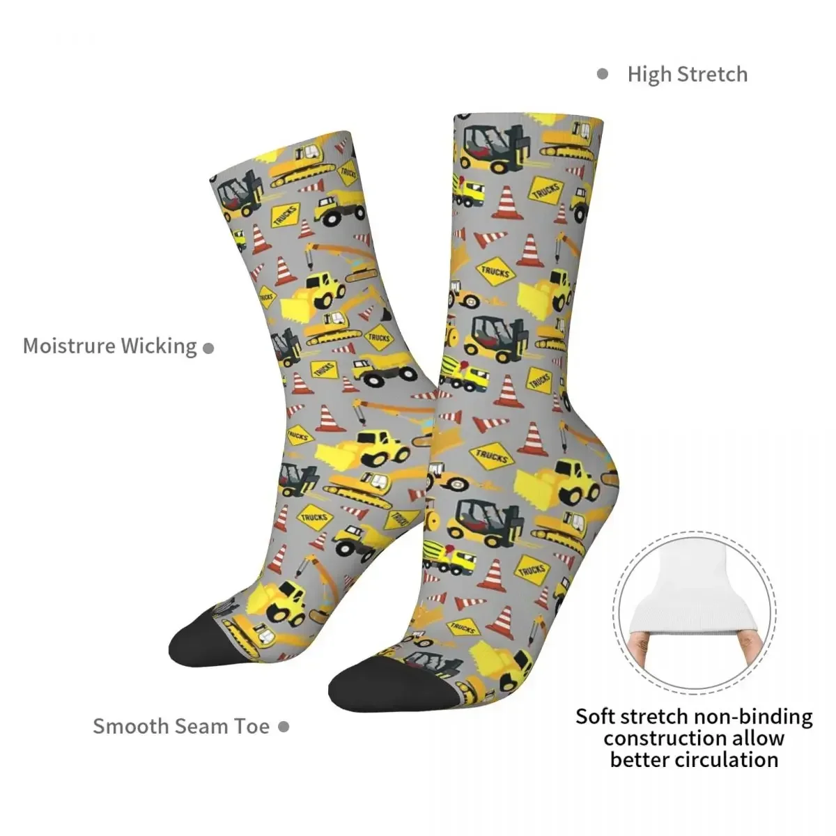 Construction Trucks Party - Excavator, Dump Truck Socks Harajuku High Quality Stockings All Season Long Socks for Unisex Gifts