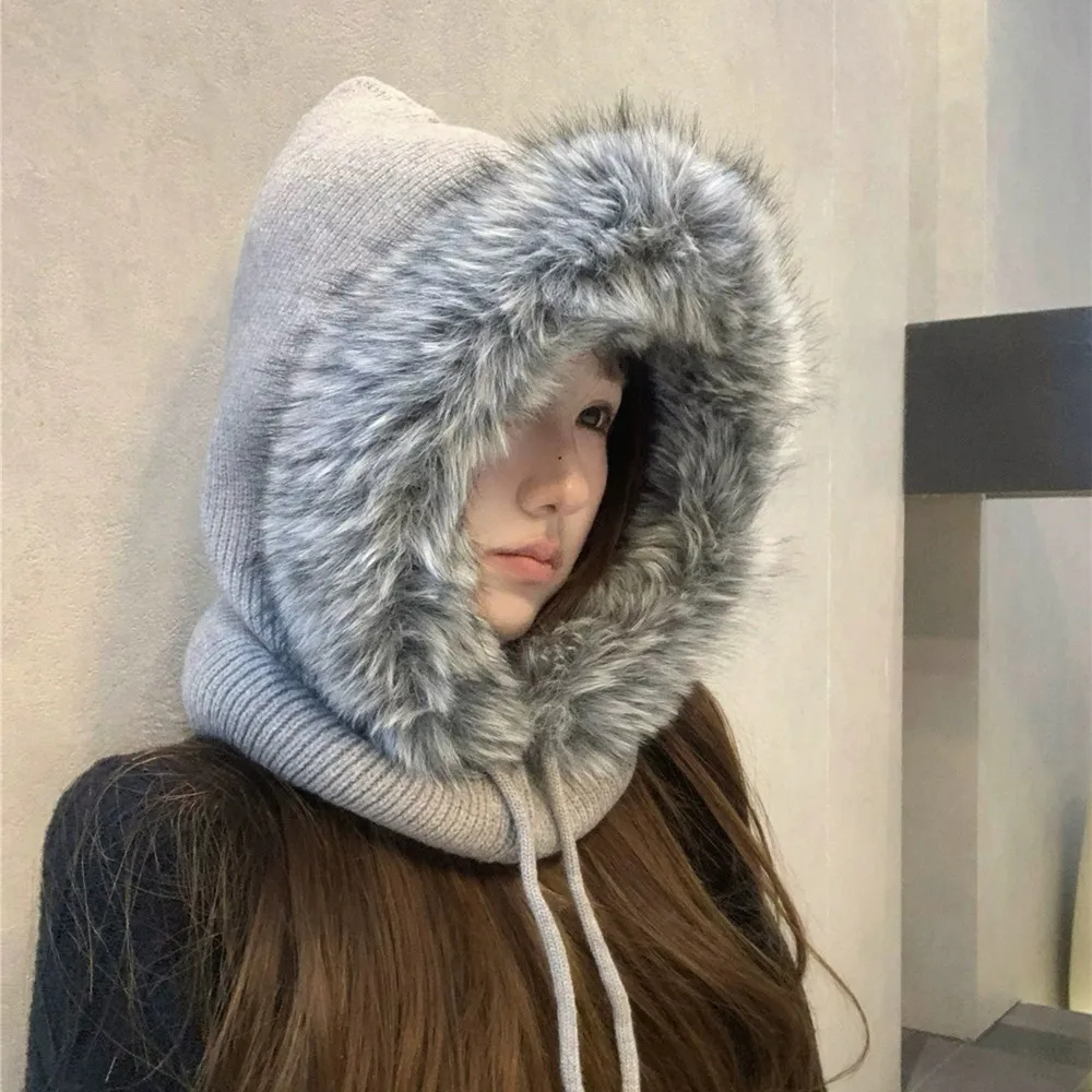 

Женская вязаная шапка-балаклава, зимняя шапка с воротником из искусственного норкового меха, капюшон, уличная велосипедная теплая защита шеи, интегрированные пуловеры
