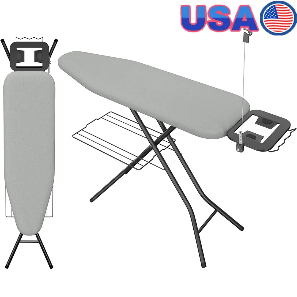 

Компактная гладильная доска с держателем шнура. Подставка для парового утюга. Регулируемая высота. Прочные стальные ножки. 4-слойный лоток для хранения.