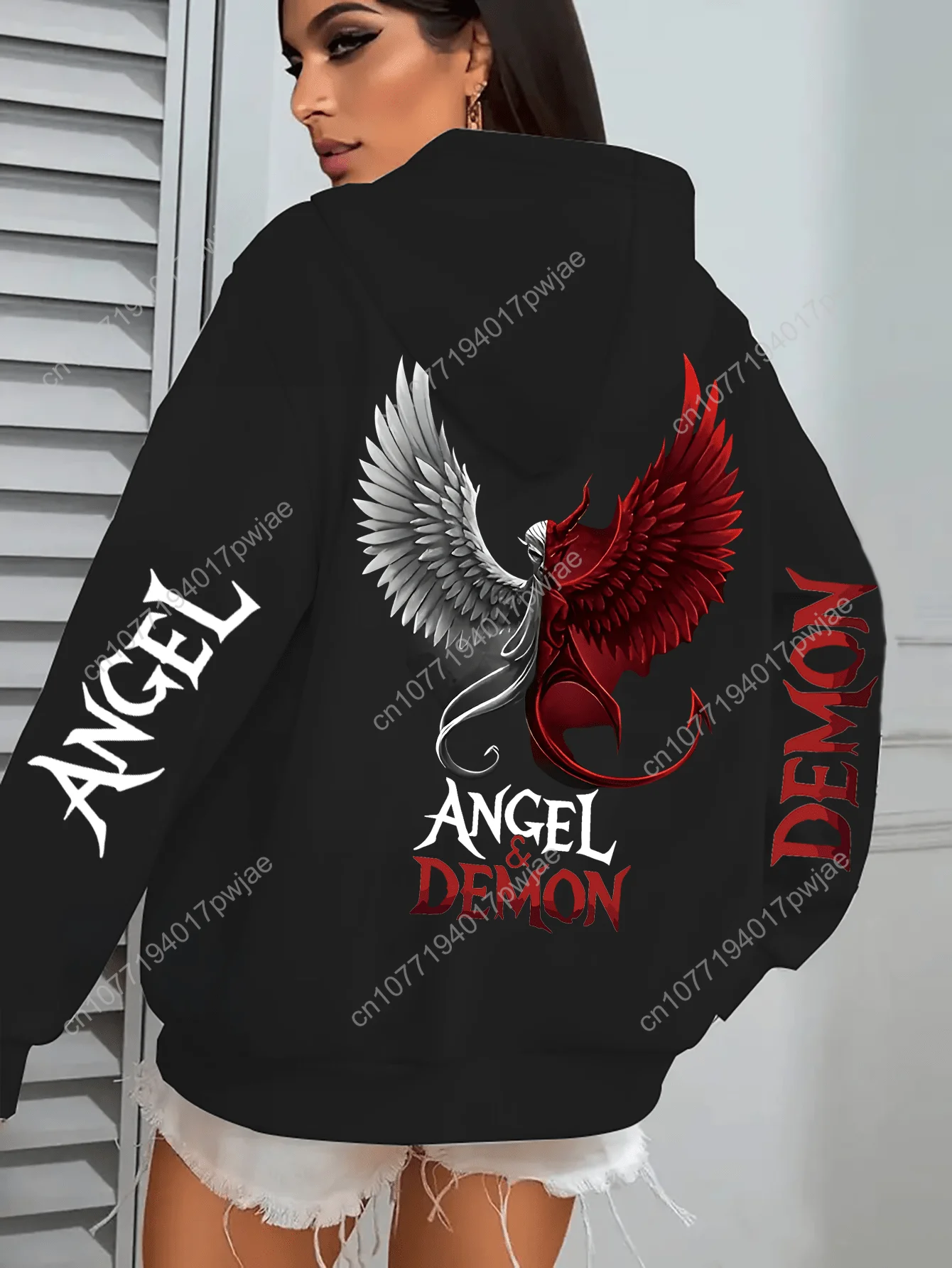 Sweater Berkerudung dengan Cetakan Malaikat dan Iblis |   Jaket Zip-up Modis dengan Kantong, Nyaman untuk Musim Gugur/Musim Dingin