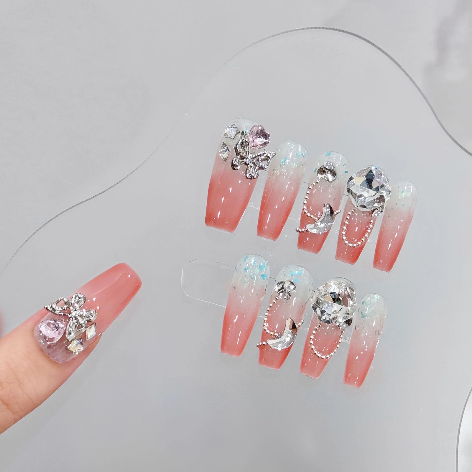 10pcs Handmade False Nails Glitter Butterfly Diamond Decor Full Cover Long Ballet Fake Nails Sequin Gradient Pink Press On Nails