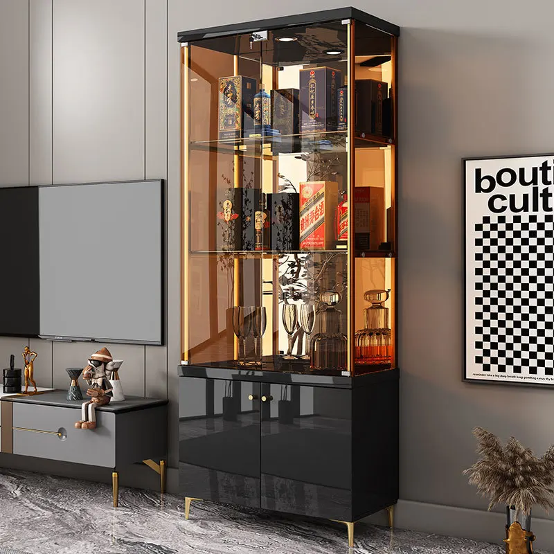 Household glass display cabinet Wine cabinet against the wall Modern simple living room Restaurant store Light luxury with