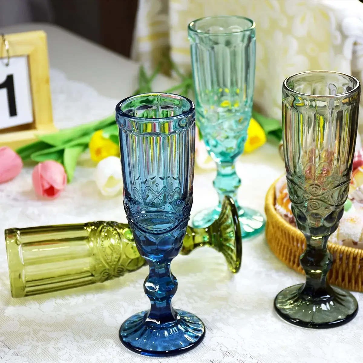 150ml 5oz Glass Mugs  Household Vintage Embossed Heavy Thick Glassware Colored Cups Colored Champagne Flute Glasses  Goblet Cups