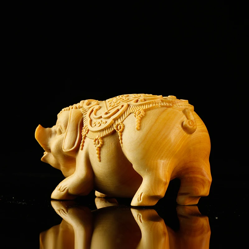 XS440- 8.7 Lucky Pig Boxwood Sculpture Wood Carving Zodiac Animal Feng Shui Home Decor