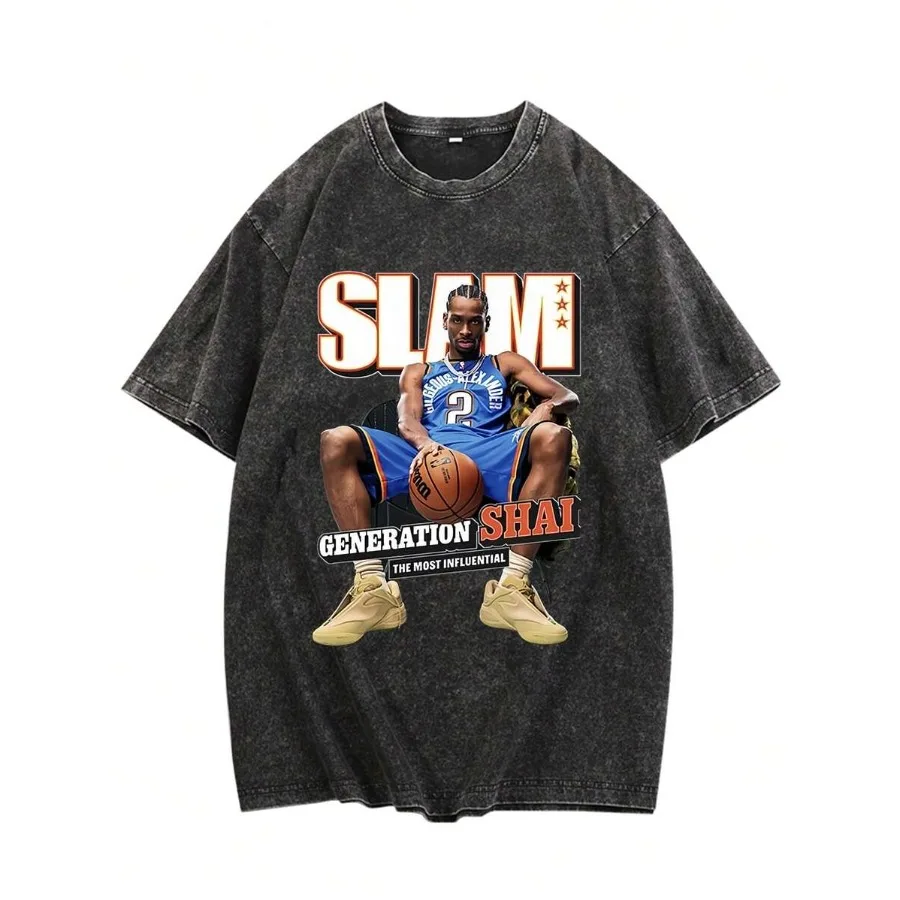 【Nuevo estilo】Camiseta holgada lavada estilo vintage de Shai Gilgeous-Alexander, camiseta gráfica OKC Thunder SLAM, ropa informal de baloncesto retro unisex