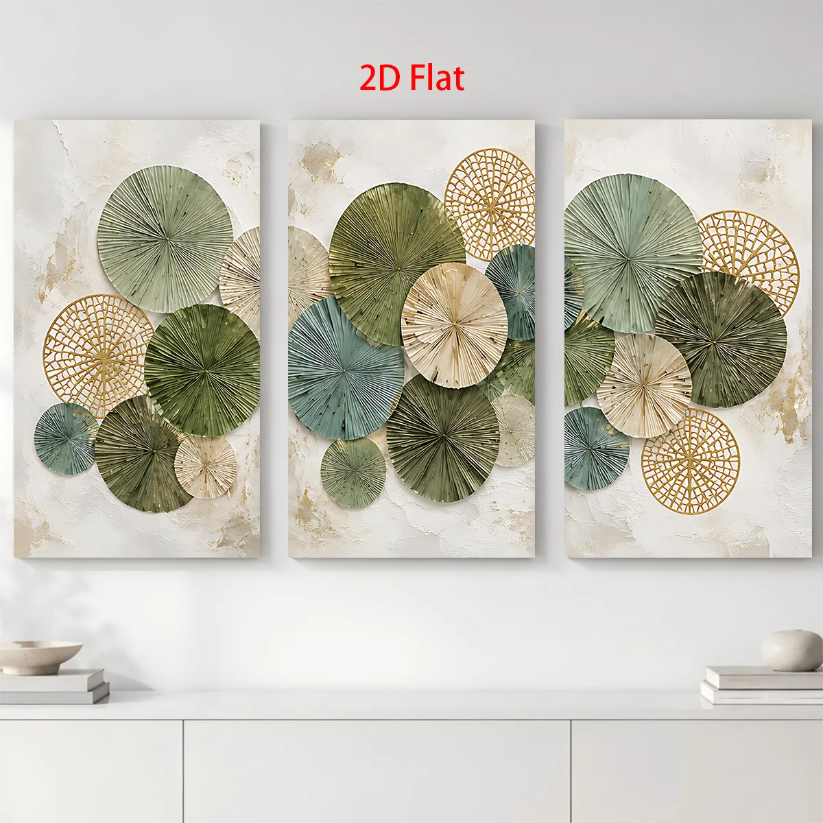 2D Flat 3PCS- Three panels with overlapping circular patterns in green gold and beige on textured white background Themed Can