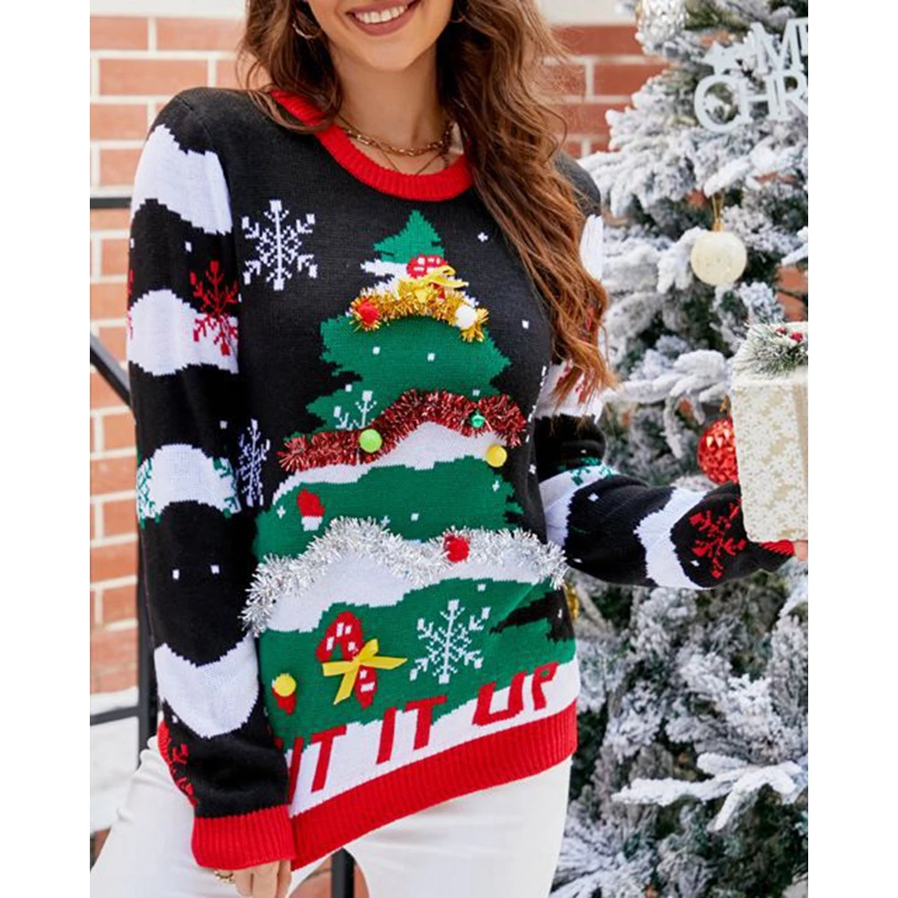 

Christmas Round Neck Snowflake Christmas Tree letter Pattern Knit Sweater Long Sleeve Sweater Top